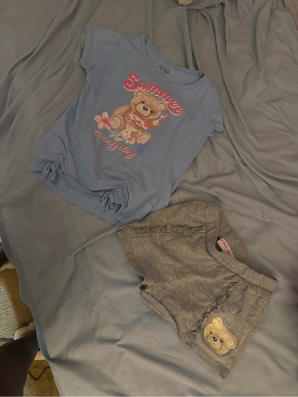 Velvet Light Blue Bear Graphic Tee with Floral Accents
